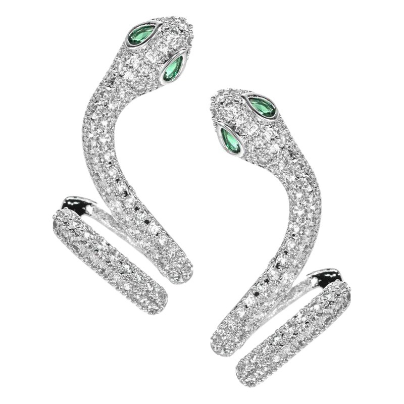 European and American Creative Personality Micro-inlaid Zircon Snake Ear Clip Women's 925 Sterling Silver Pin Ear Studs Simple Elegant Snake Earrings