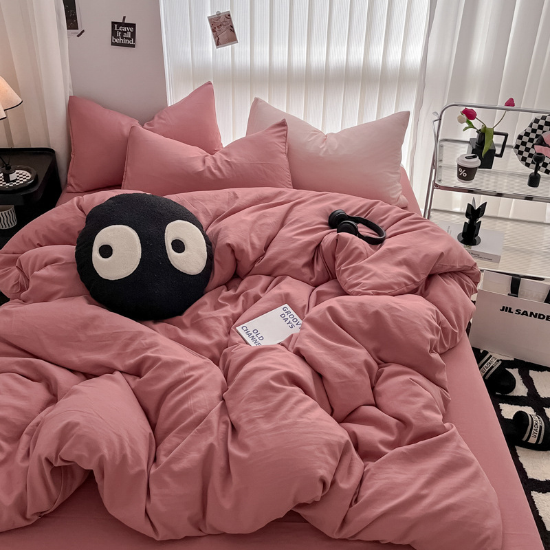 Picture of Four-piece bed set A can sleep naked wash cotton quilt cover solid color bed sheets student dormitory three-piece bed hat wholesale 4