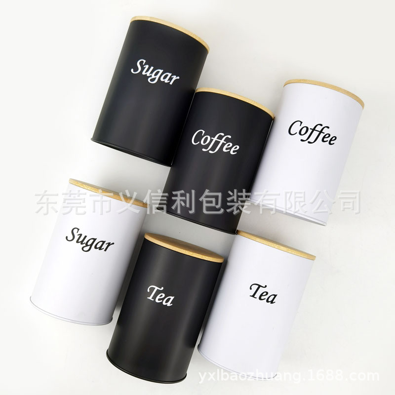in stock Round Bamboo Lid Galvanized Iron Sheet Metal Candy Coffee Tea Tea Jar Kitchen Sealed Jar Storage Jar