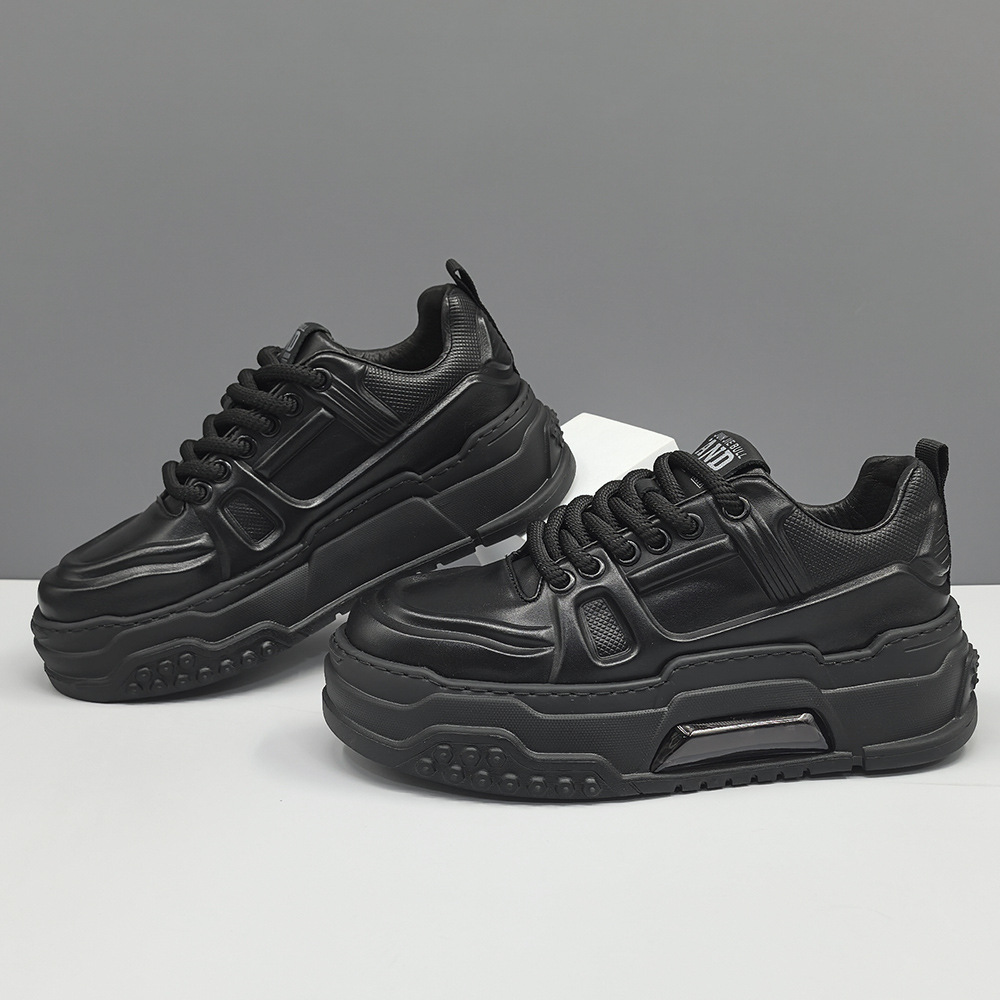Men's Top Layer Cowhide Black Sneakers Men's Trendy Shoes Genuine Leather High-end European Station Men's Shoes Men's Platform Casual Shoes