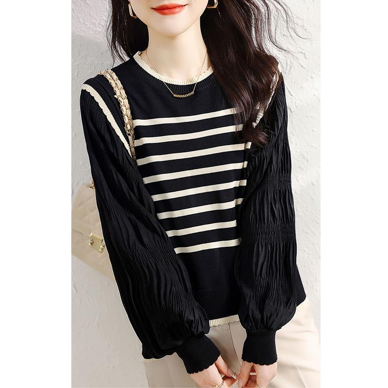 Picture of 2024 stitching lace collar sweater autumn new striped lantern sleeve top commuter all-match women's sweater