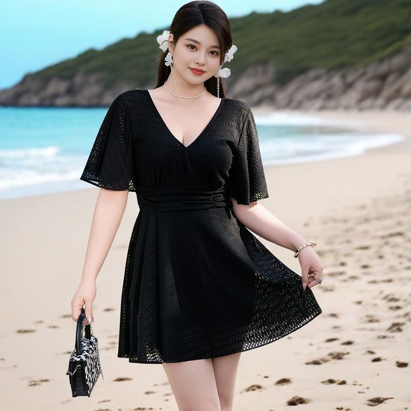 South Korea conservative swimsuit women's one-piece skirt 200kg chubby girl belly-covering slim boxer pants hot spring swimsuit
