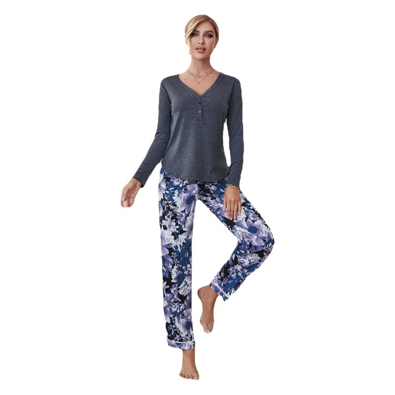 Amazon European and American Home Clothes Set Autumn and Winter V Neck Long-Sleeved Women's Pajamas Can Be Worn Outside Export Cross-Border Ozon