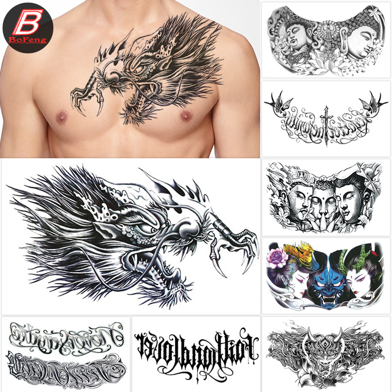 Three-sided Buddha Tattoo Sticker Waterproof Long-lasting Tap Over Shoulder Dragon Tattoo Flower Chest Beauty Chest Sticker Letter Tattoo Sticker