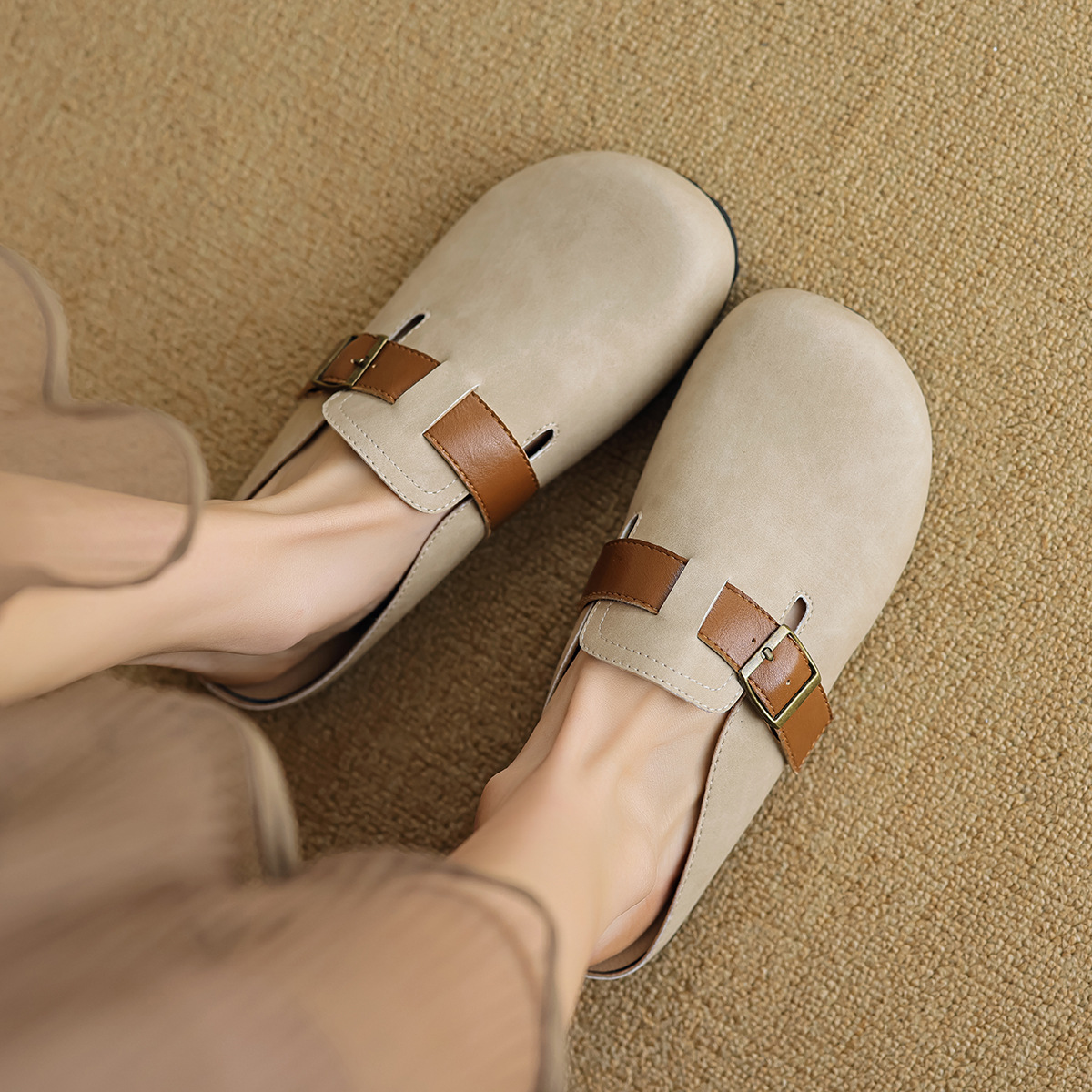 Weiwei girl 959-15 closed toe Boken shoes women's slip-on outer wear flat half slippers retro Boken slippers
