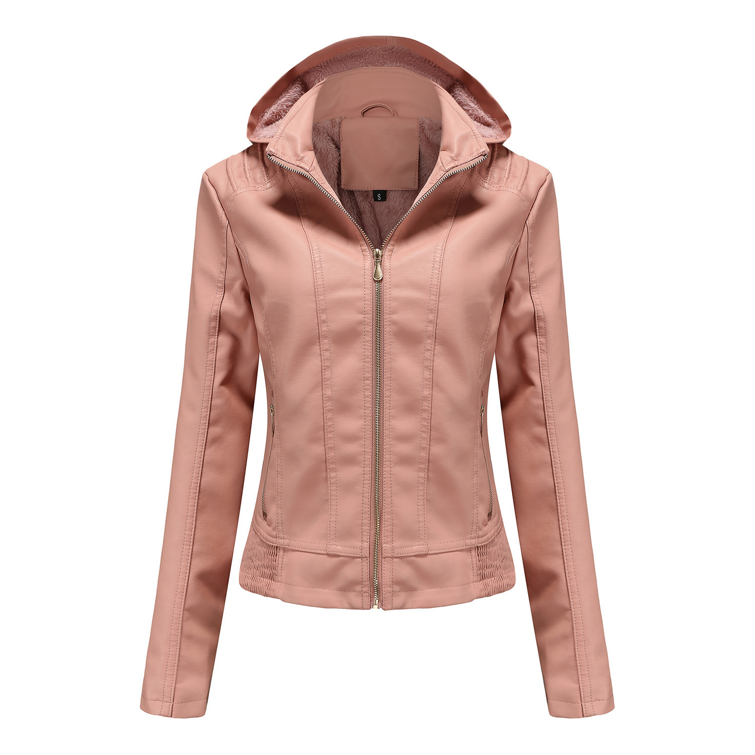Picture of Fall 2022 Winter Hooded Leather Women's Removable Hat Zipper Long-sleeved fleece-lined Leather Jacket European-size Slim-fit Jacket Cross-border
