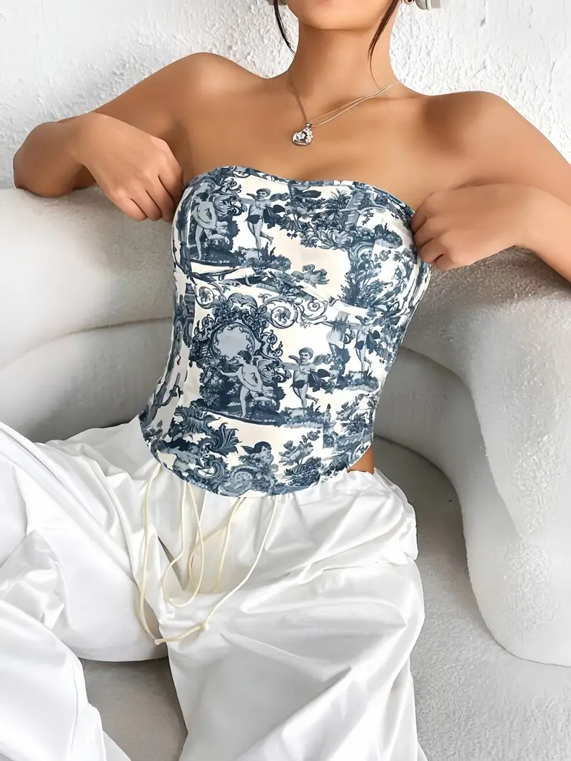 Printed cut elegant sleeveless strapless top for summer women