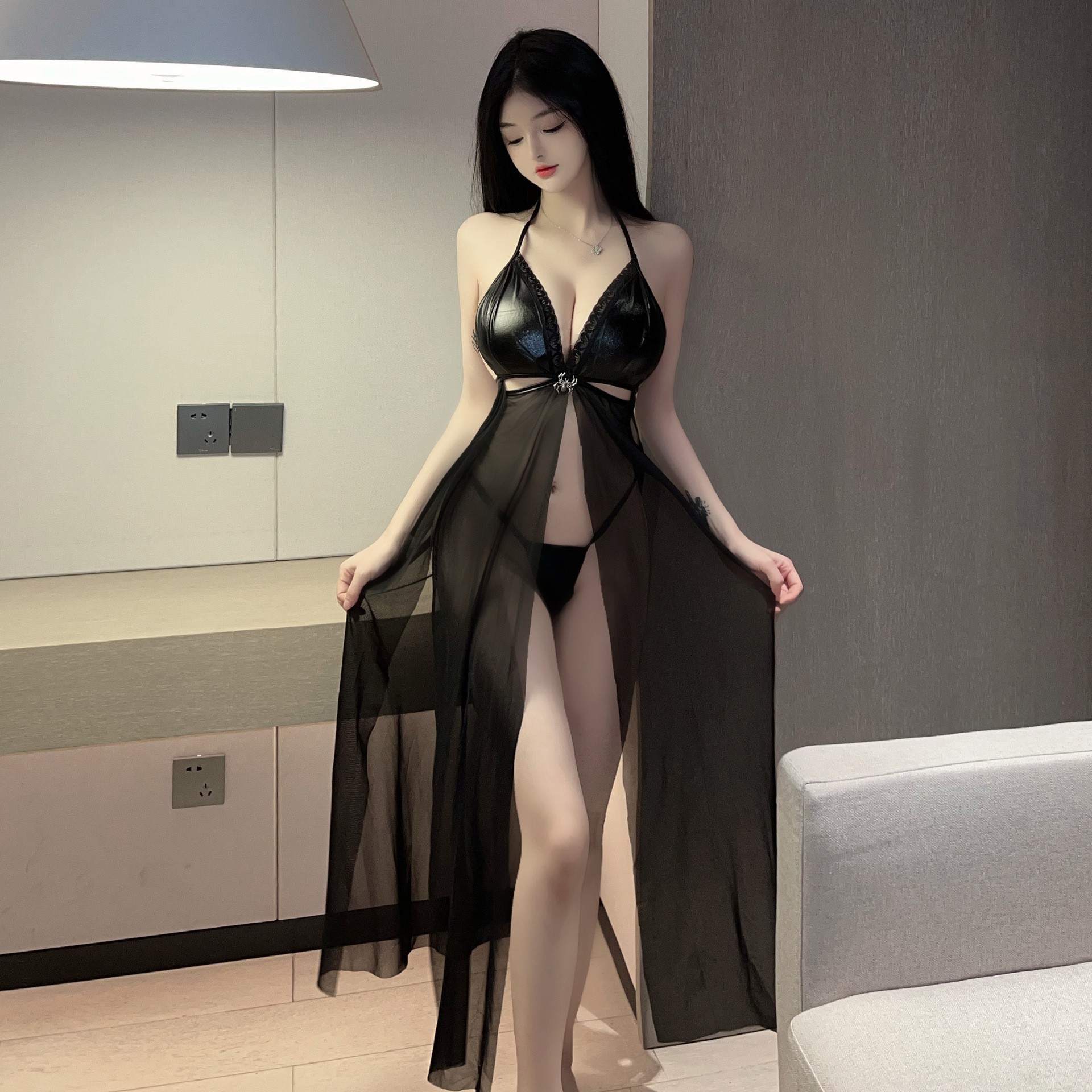 Sexy Underwear Spider Strapless Perspective Temptation Neck Lace Pajamas Sexy Split Long Dress Uniform suit
