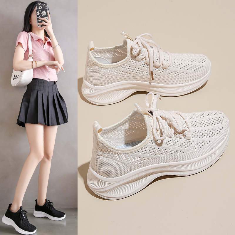 Ins Korean Style New Fly-knit Shoes Women's 2024 Summer Sports Running Shoes Casual Shoes Thick-soled High-height Shoes F987