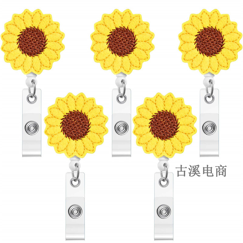 Fabric sunflower sunflower anti-lost easy-pull buckle flower ID card holder felt embroidery telescopic work permit