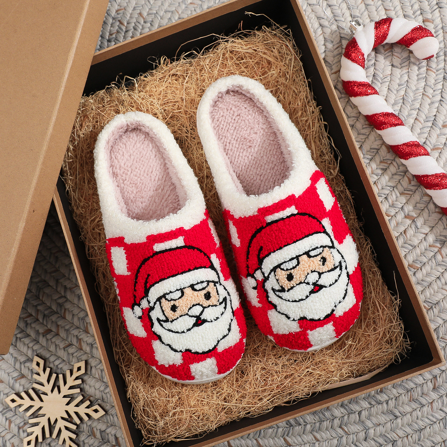 Christmas Plaid Elements Santa Claus Creative New Cotton Slippers Women's Home Winter Plush Slippers for Hair