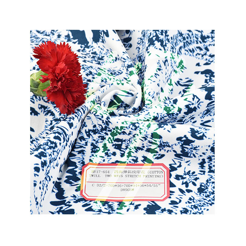 Woven 32/2 + 70D * 16 + 70D * 94*56 cotton four-sided elastic twill printing 96% cotton 4% spandex