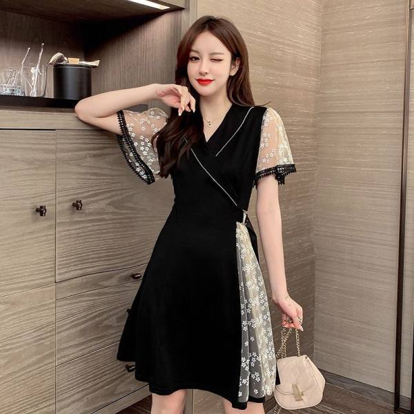 Plus size women's clothing fat sister skirt 2024 Summer new French temperament slimming meat covering midi dress dress