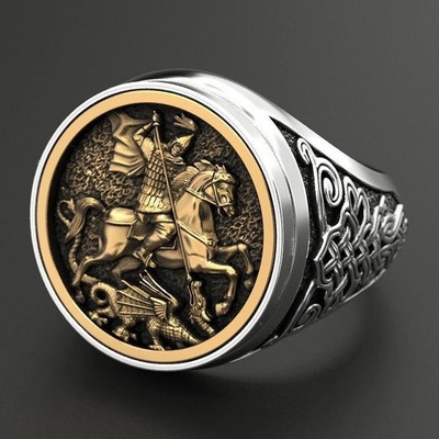 Picture of Huajie Unique Sovereign Men's Ring Saint George Portrait Plated 925 Two-Tone Roman Soldier Dragon Ring