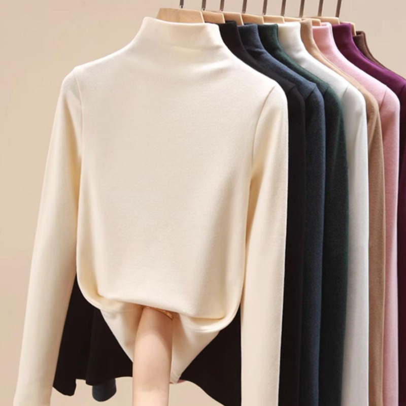 Simple velvet solid color half turtleneck long sleeve bottoming shirt for women Autumn New Korean style casual all-match inner top for women