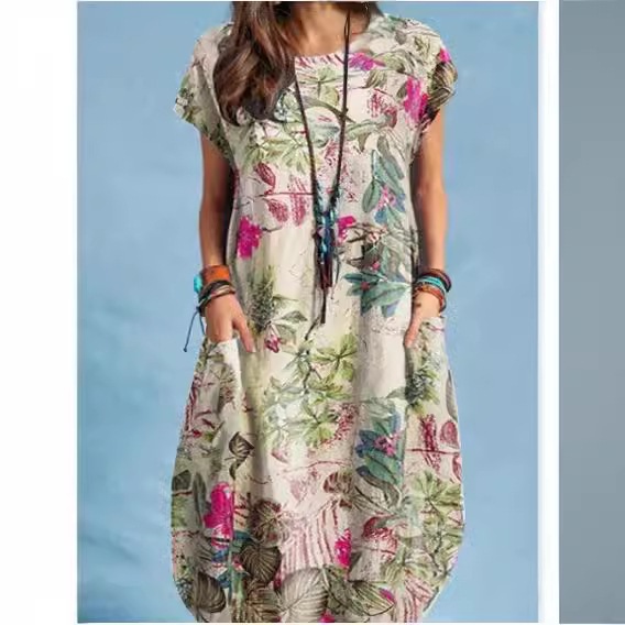 Pocket Long Dress One-Shoulder Classic Cross-Border Short-Sleeve Printed Dress Women's Retro Floral Dress