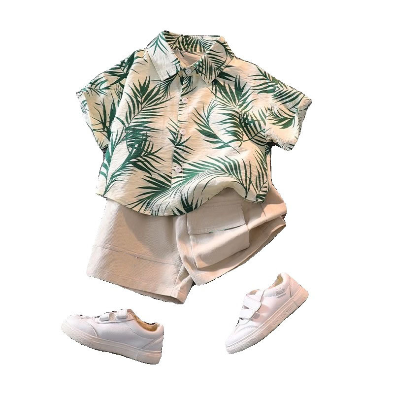Picture of Children's Short-Sleeved Shirt Summer Beach Seaside Boy Floral Shirt Hong Kong Style Baby Summer Top Boy Shorts Suit