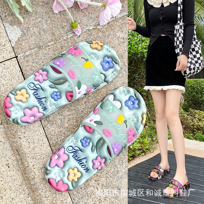 New Cartoon Flower Slippers Women's Summer Indoor Home Non-Slip Flat Soft Bottom Slides Women's Exterior Sandals