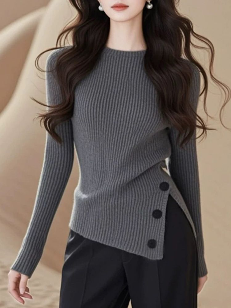 Simple Fashion Button Irregular Pullover Knitted Sweater Winter Commuter Waist Long-sleeved Slim-fit Top for Women