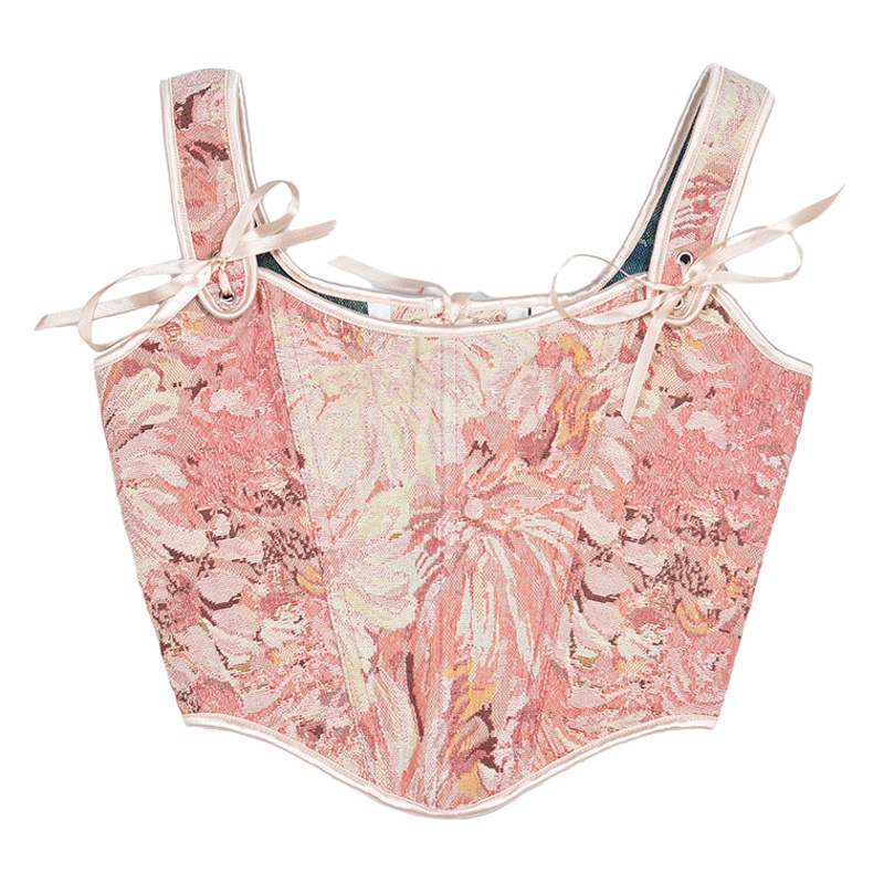 356 New Oil Painting French Sweet Pink Ink Chrysanthemum Half Chest Vest Rear Strap Shoulder Strap Adjustable Corset