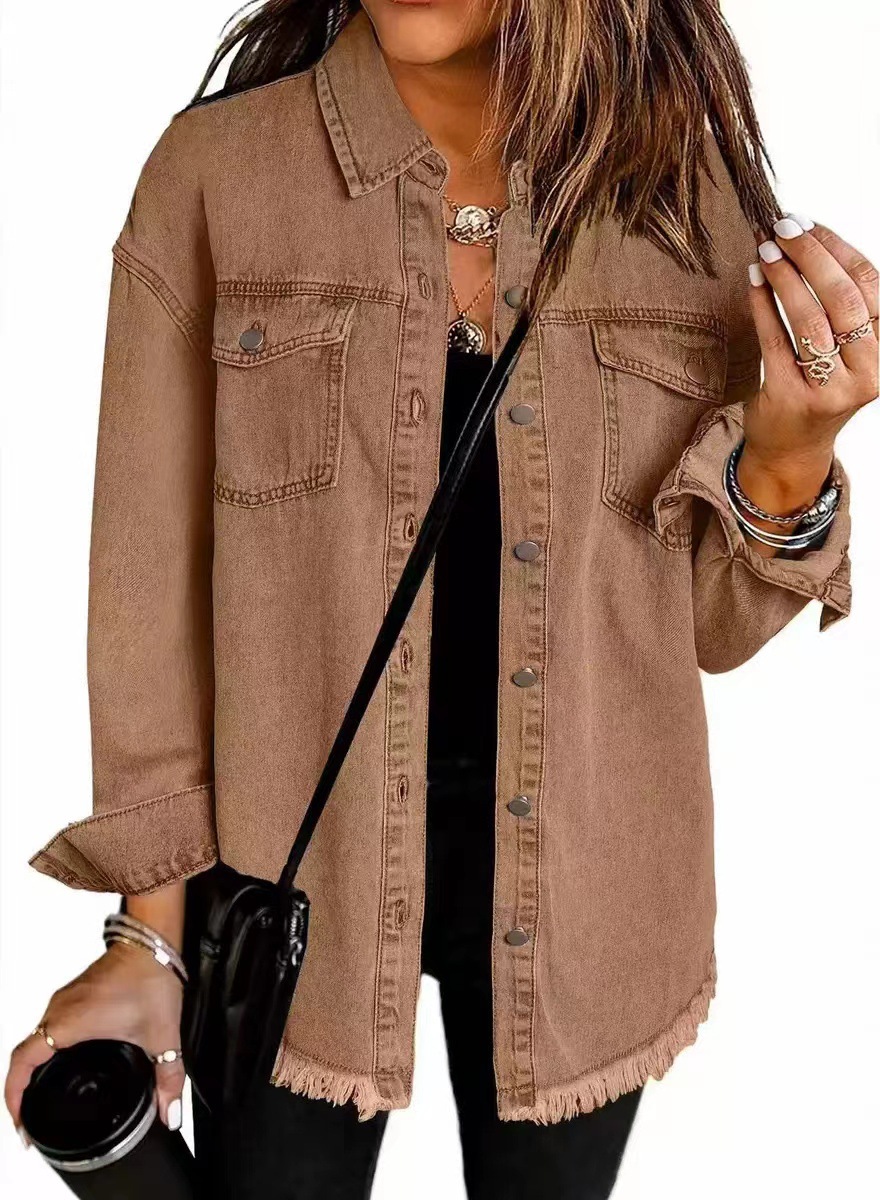 Picture of 2025 European and American Cross-Border Sales Amazon Standing New Raw Edge Denim Casual Loose Jacket Shirt
