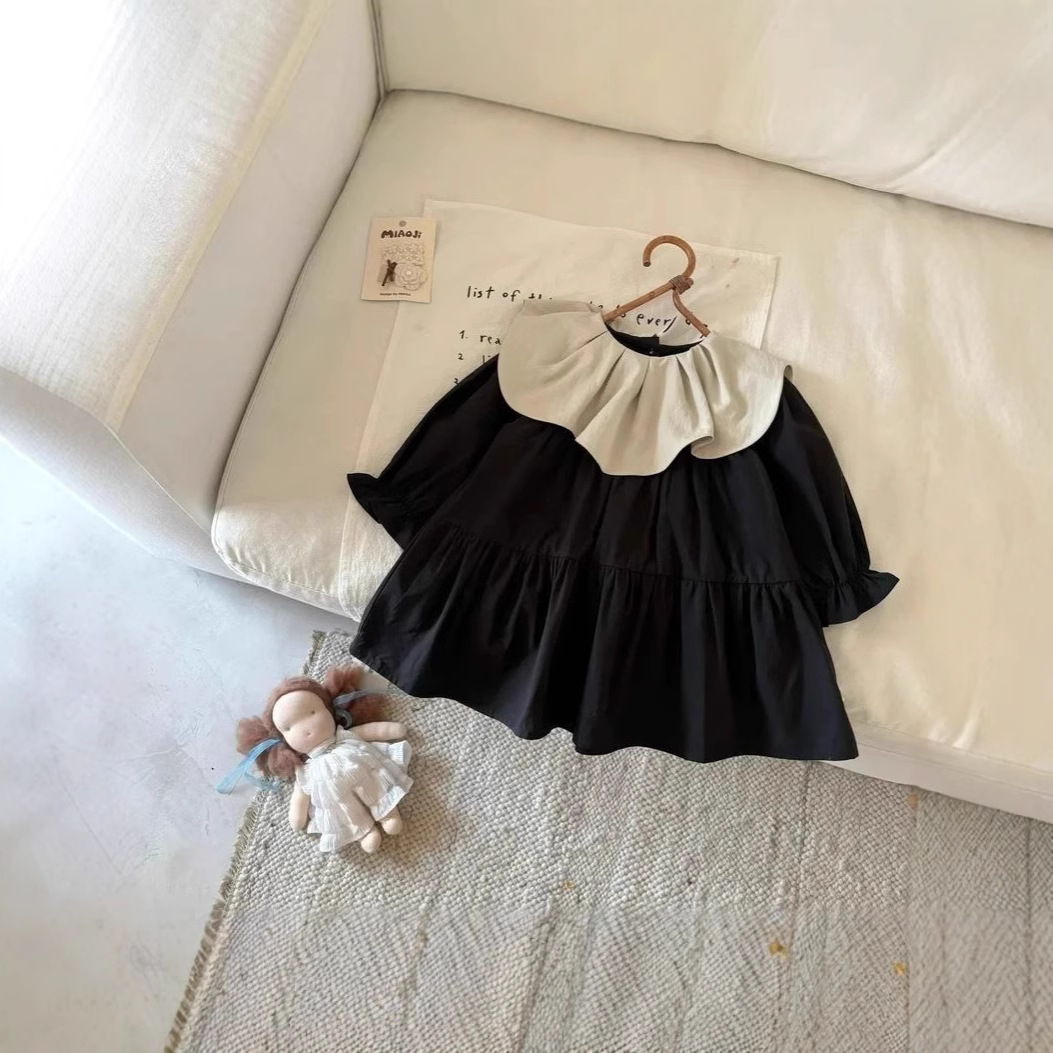 Spring and Autumn Girls' Fashion dress Long-sleeved Small and Medium-sized Children's Fashionable Korean Style Loosen Skirt Women's Baby's Round Neck Princess Skirt