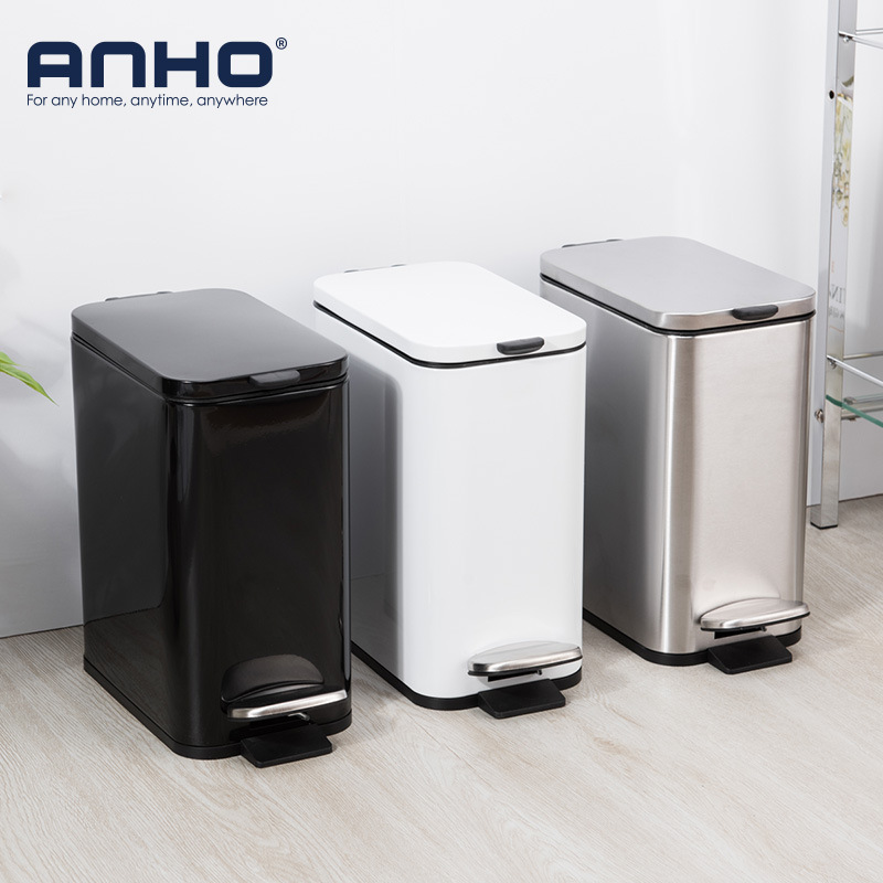 5 Liters Rectangular Thin Lid Stainless Steel Household Pedal Trash Bin Kitchen Living Room Bathroom Waste Paper Basket with Handle