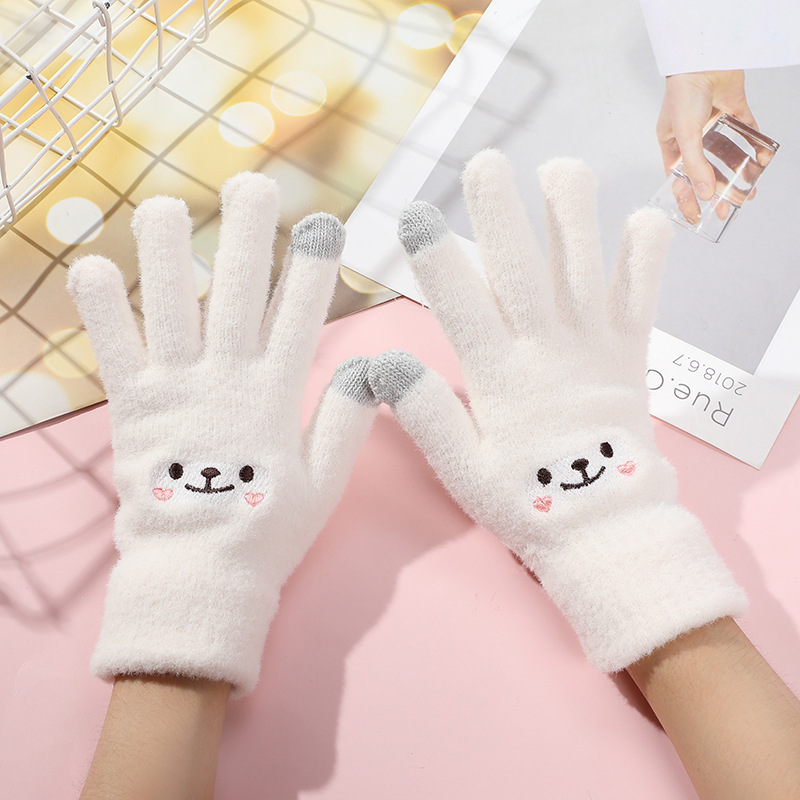 ins Cartoon Mink Velvet Smiley Gloves Winter Velvet Warm Outdoor Cold-proof Cute Student Touch Screen Plush Gloves
