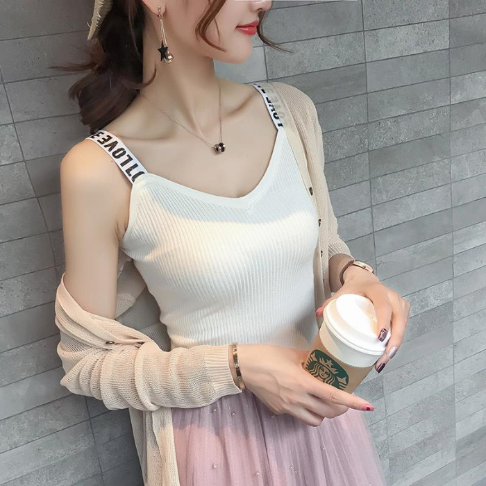 2025 Vest Women's Chic Knitted Small Sling Summer Bottoming Ice Silk Letter Shoulder Straps V-Neck Outer Wear and Inner Wear