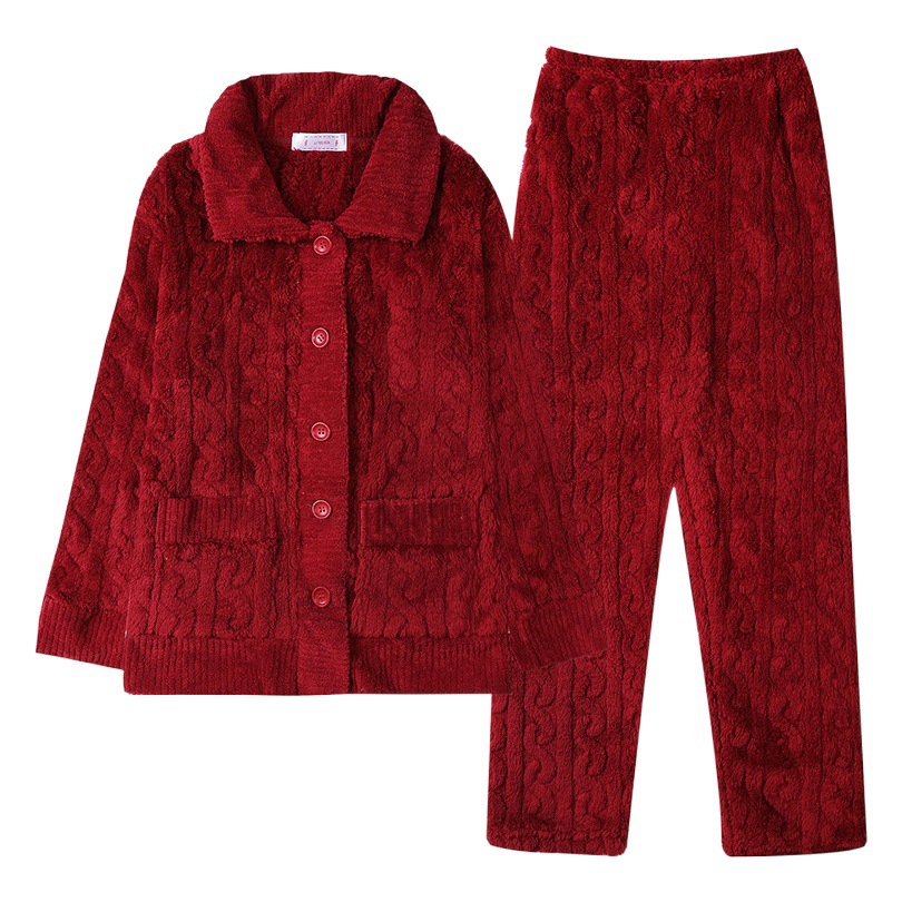 New Cardigan Thickened Autumn and Winter Pants Flannel Pajamas Women's Long-Sleeved Fleece-Lined Coral Fleece Outer Wear Home Clothes