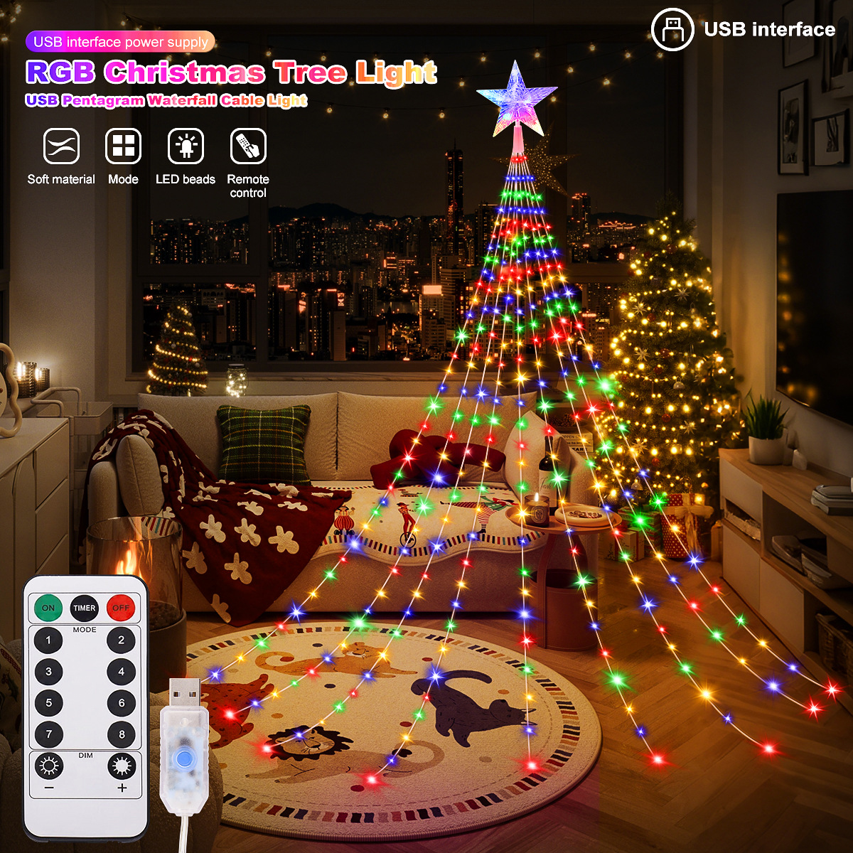 New product led string lights USB leather wire flowing water waterfall light Christmas string decoration hanging tree light outdoor lighting