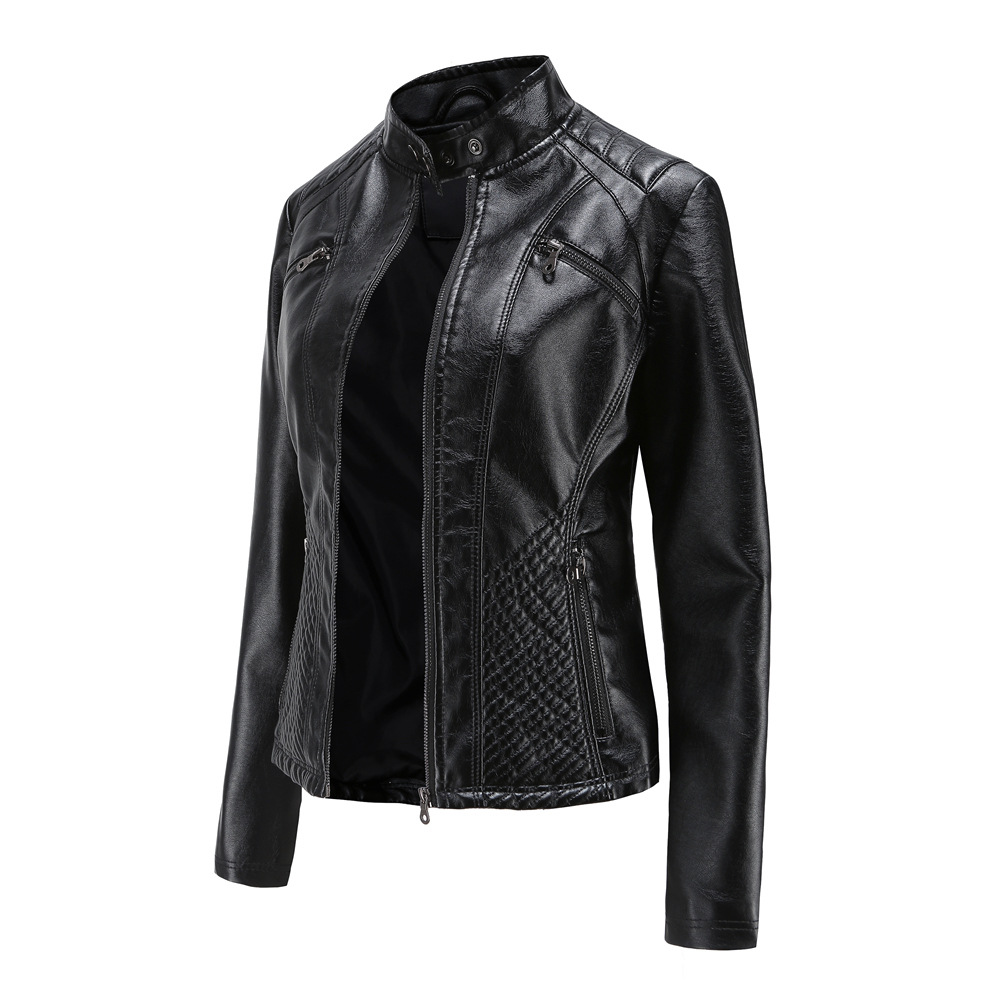 Picture of 2023 New Women's Casual Leather Jacket Stand Collar Jacket European and American Slim Jacket Women's Spring and Autumn Solid Color Women's Leather Jacket