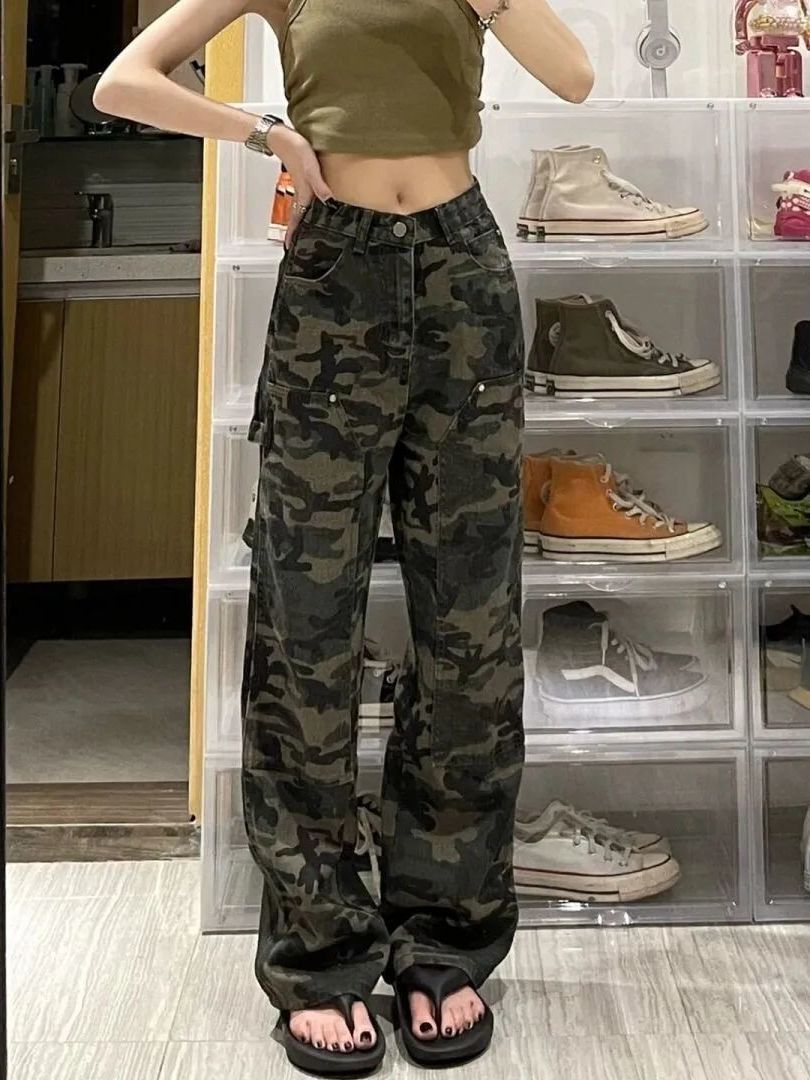 Picture of Army Green Camouflage Jeans for Women 2025 Spring and Autum Ins High Street New Loose K-Style Slimming Look Straight Wide Legs