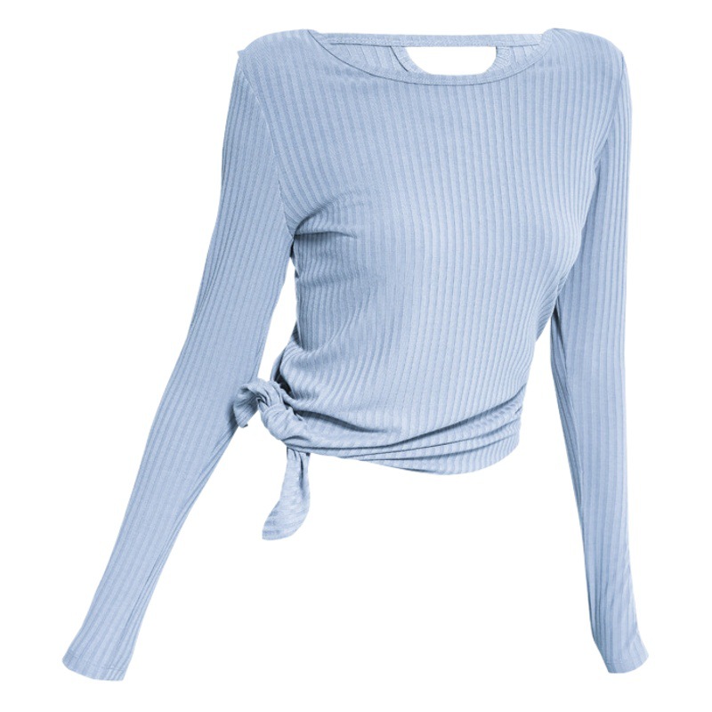 European and American Elegant Rib Long-Sleeved Tight Sports Top Women's Irregular Lace-Up Running Yoga Clothes Fitness T-Shirt