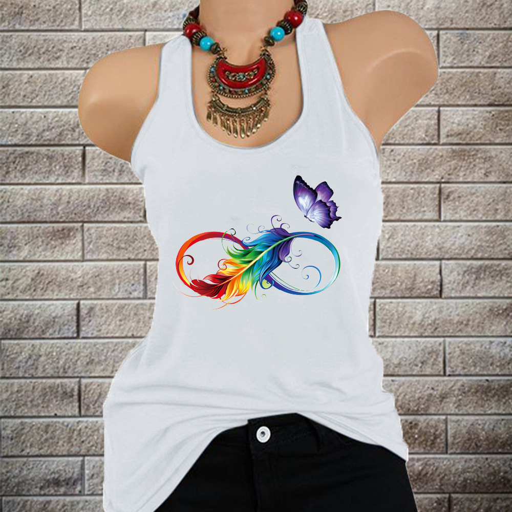 2020 Cross-border New Colorful Feather and Butterfly Printed T-shirt Women's Loose Round Neck Pullover Loose Vest T-shirt