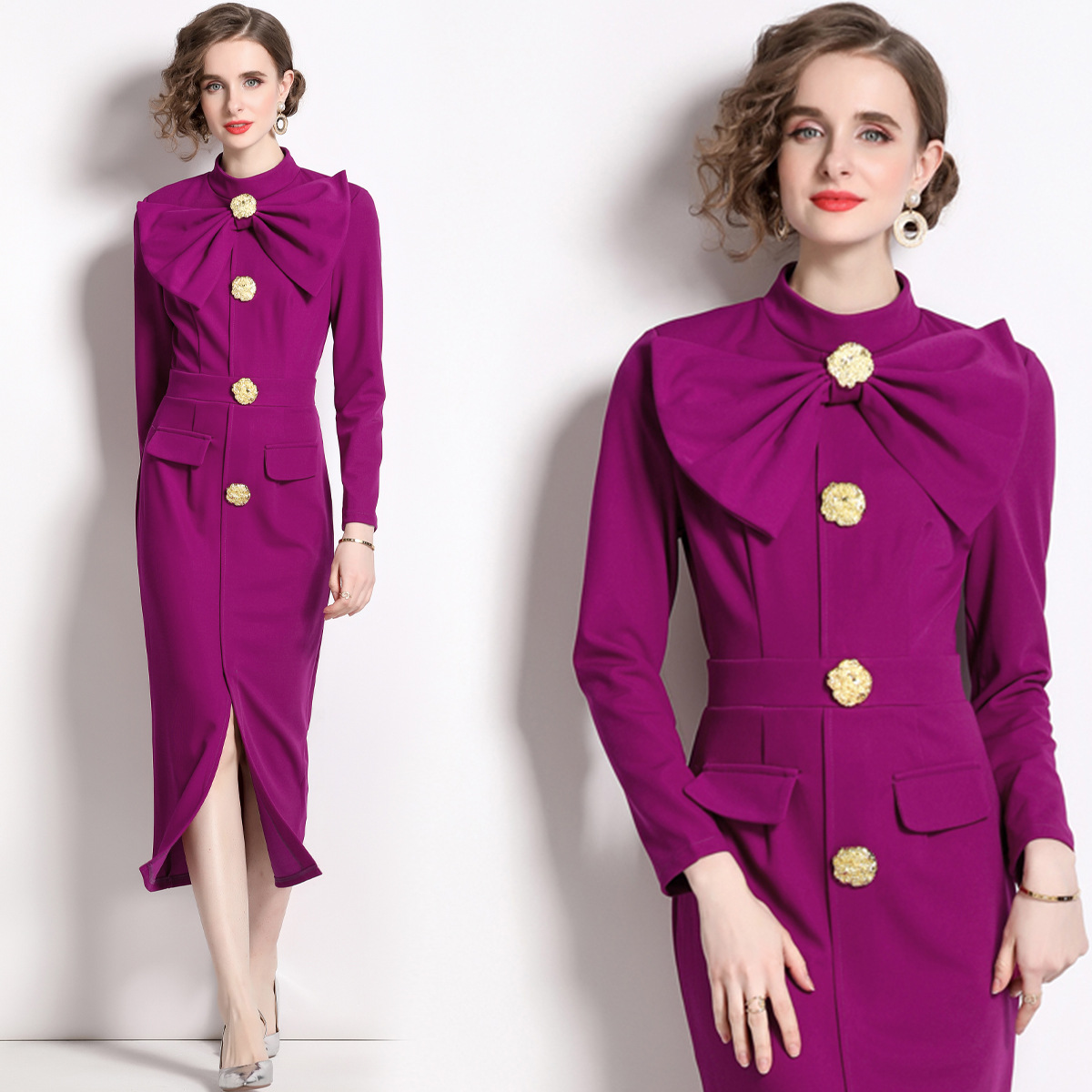 Real shot in stock stand collar long sleeve bow waist button decorative sheath split dress