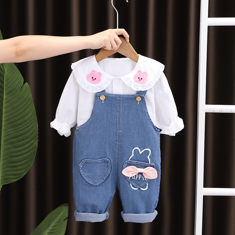 Five small seven children's clothing 2024 spring and autumn new 0-4 years old girl rabbit shirt Denim suspenders two-piece set