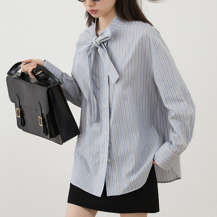 CHICVEN "Wandering Autumn" Autumn New Bow Lace-up Blue Stripe Long Sleeve Shirt Quan Cotton Top
