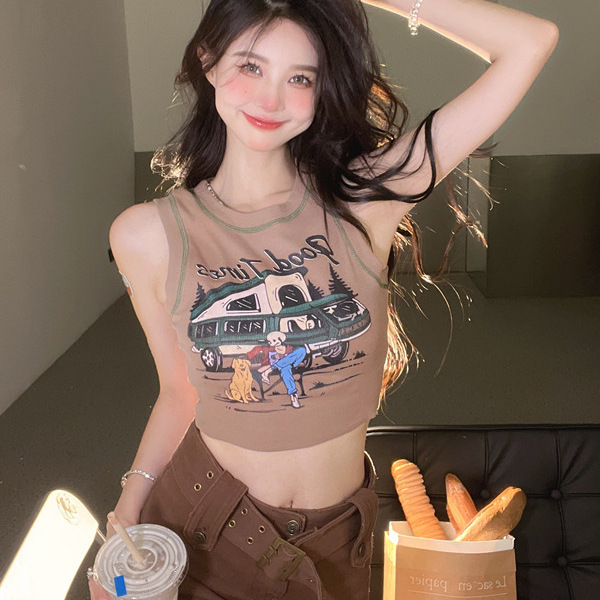 American Style Retro Sleeveless T-Shirt Vest Women's Summer ins Trendy Hot Girl Fashion Tight Short Navel Backing Top Clothes