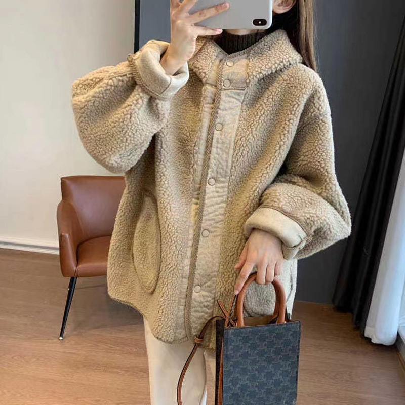 Picture of Imitation Lamb Wool Hooded Outwear for Women, Autumn and Winter Outwear with Button, New Korean Style, Loose, Slim and Versatile Top for Small People