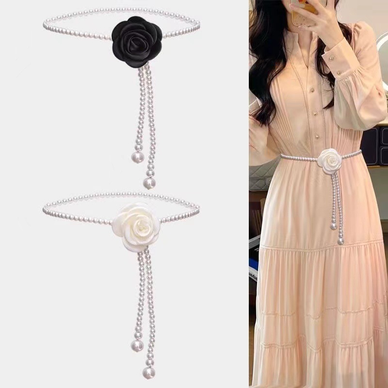 South Korea Elegant Camellia Pearl Waist Chain Women's Gentle All-match dress Belt High-grade Body Chain