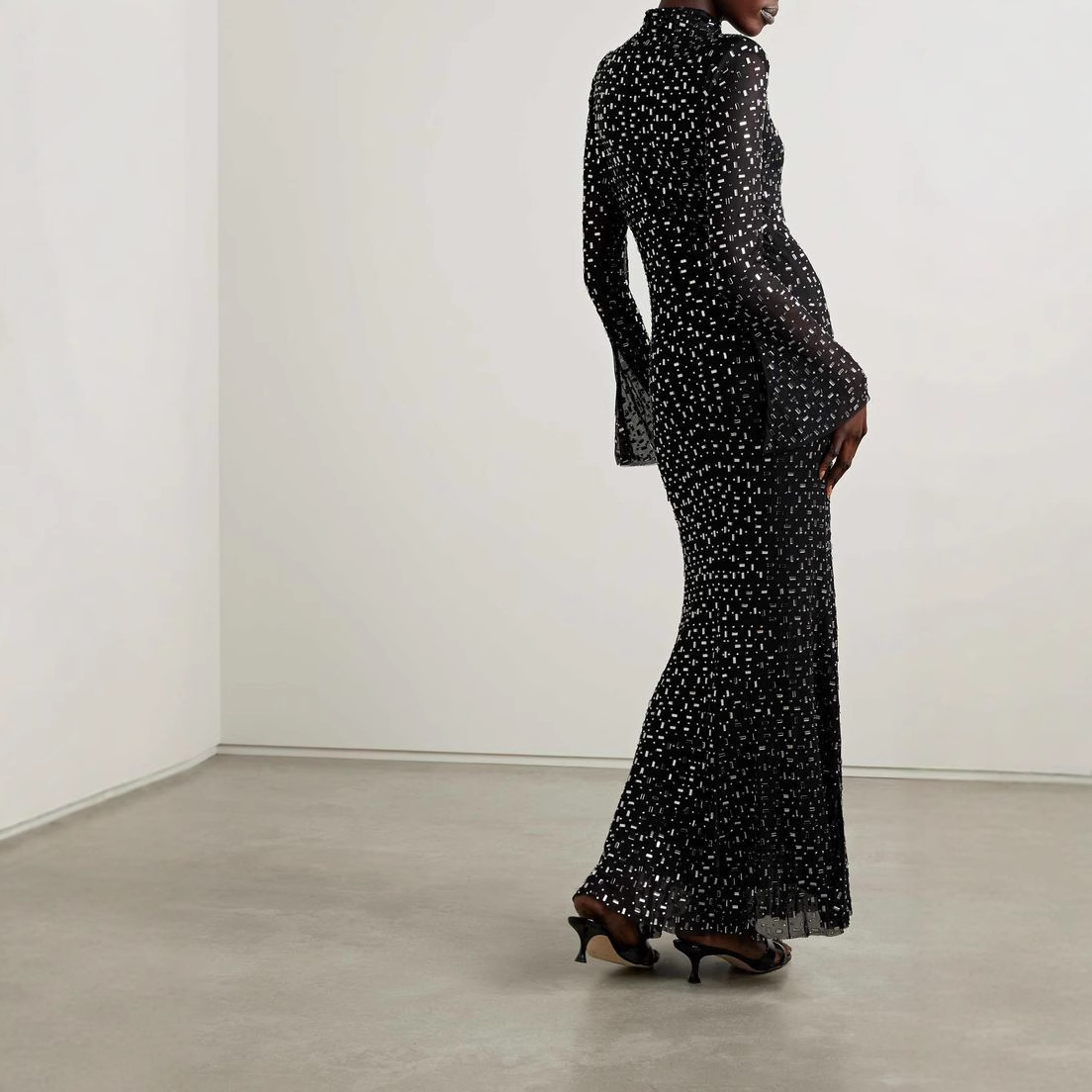 Nanyou Light Luxury Foreign Trade Women's Wholesale Fashion Mesh Semi-high Neck Long Sleeve Hot Drilling Slim-fit Hip Long dress
