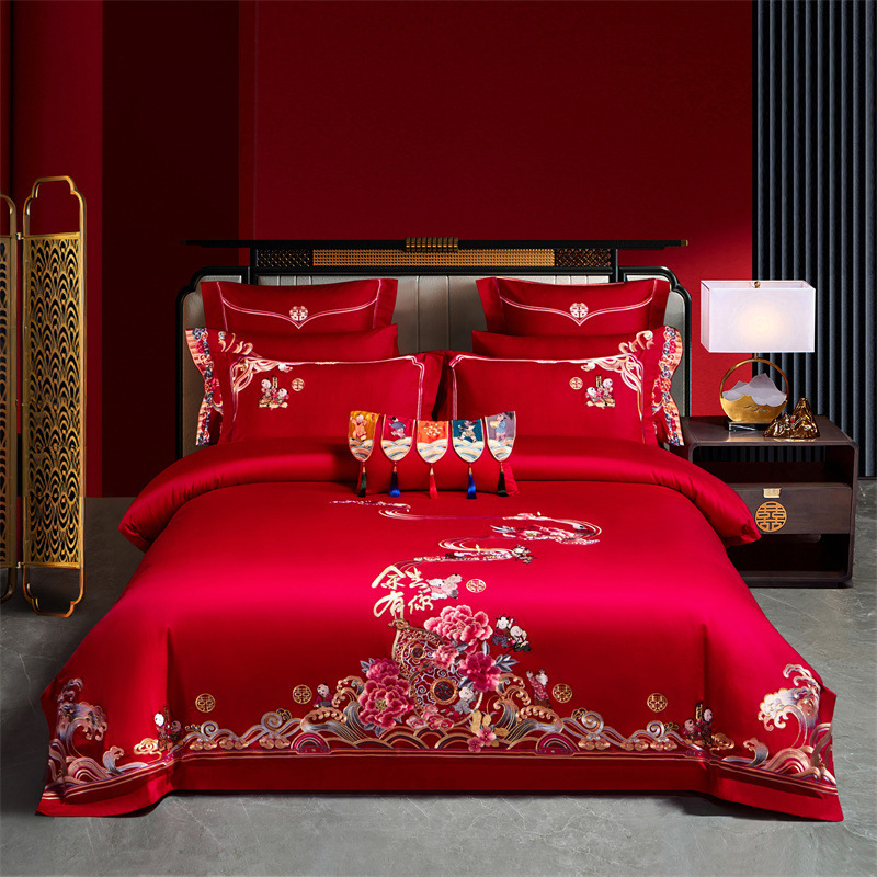 Picture of High-End 120S Pure Cotton Long-Staple Cotton Wedding Four-Piece Set New Chinese Style Dragon and Phoenix Embroidery Wedding Red Bedding
