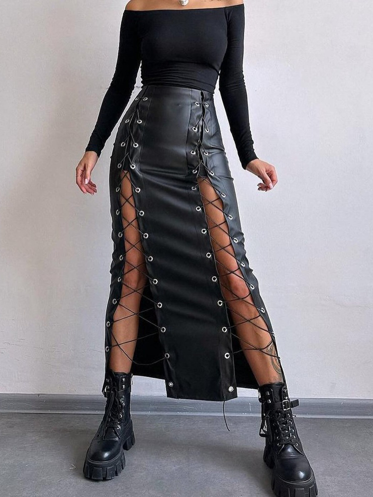 European and American style elegant fashion PU leather collage stitching sexy solid color slim split lace-up long hip skirt