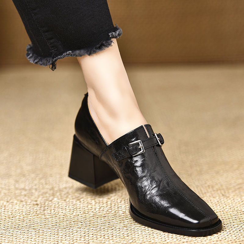 2025 Autumn New Black Square Toe Deep Mouth Single Shoes for Women, Plaid and Not Tiring Feet High Heels, Easiest for Match Leather Shoes for Women