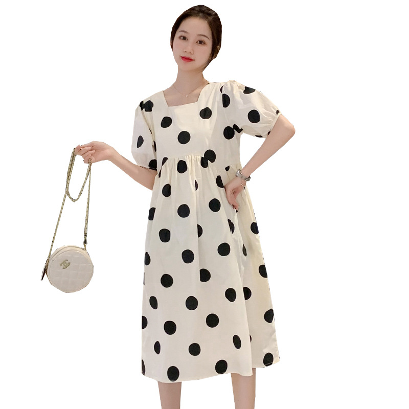 Picture of Maternity Summer Loose plus size Fashion Polka Dot Western Style Square Collar High Waist Long Dress Trendy Mom Polka Dot Pregnant Women's Dress Summer