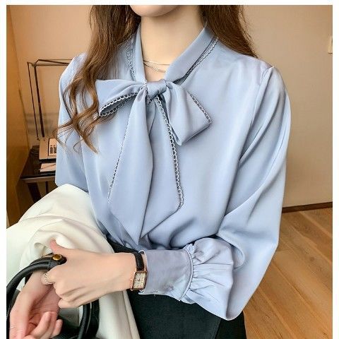 Picture of Shirt Women's Spring Imitation Satin Chiffon Shirt Women's Bow Loose Long-Sleeved Style Shirt