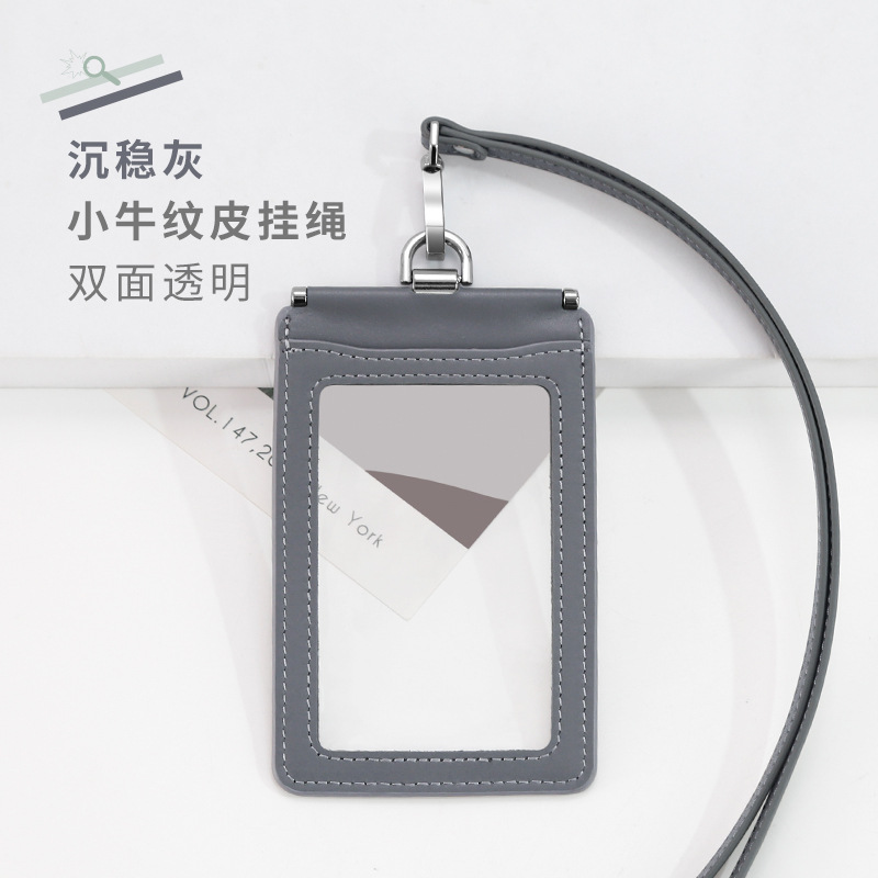 Picture of Carefully Selected First-Layer Genuine Leather Work Card Holder 70*100 Double-Sided Transparent Large Work Card Holder with Lanyard