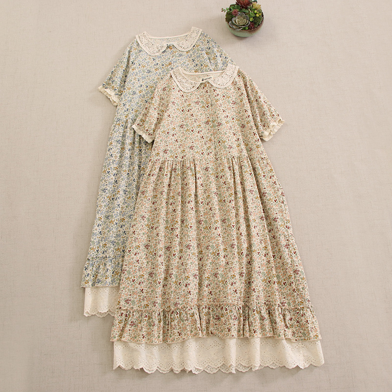 Japanese Mori Girl Artistic Floral Doll Collar Short-Sleeve Dress Loose Versatile Half-Open Plaid Lace Hem Long Dress