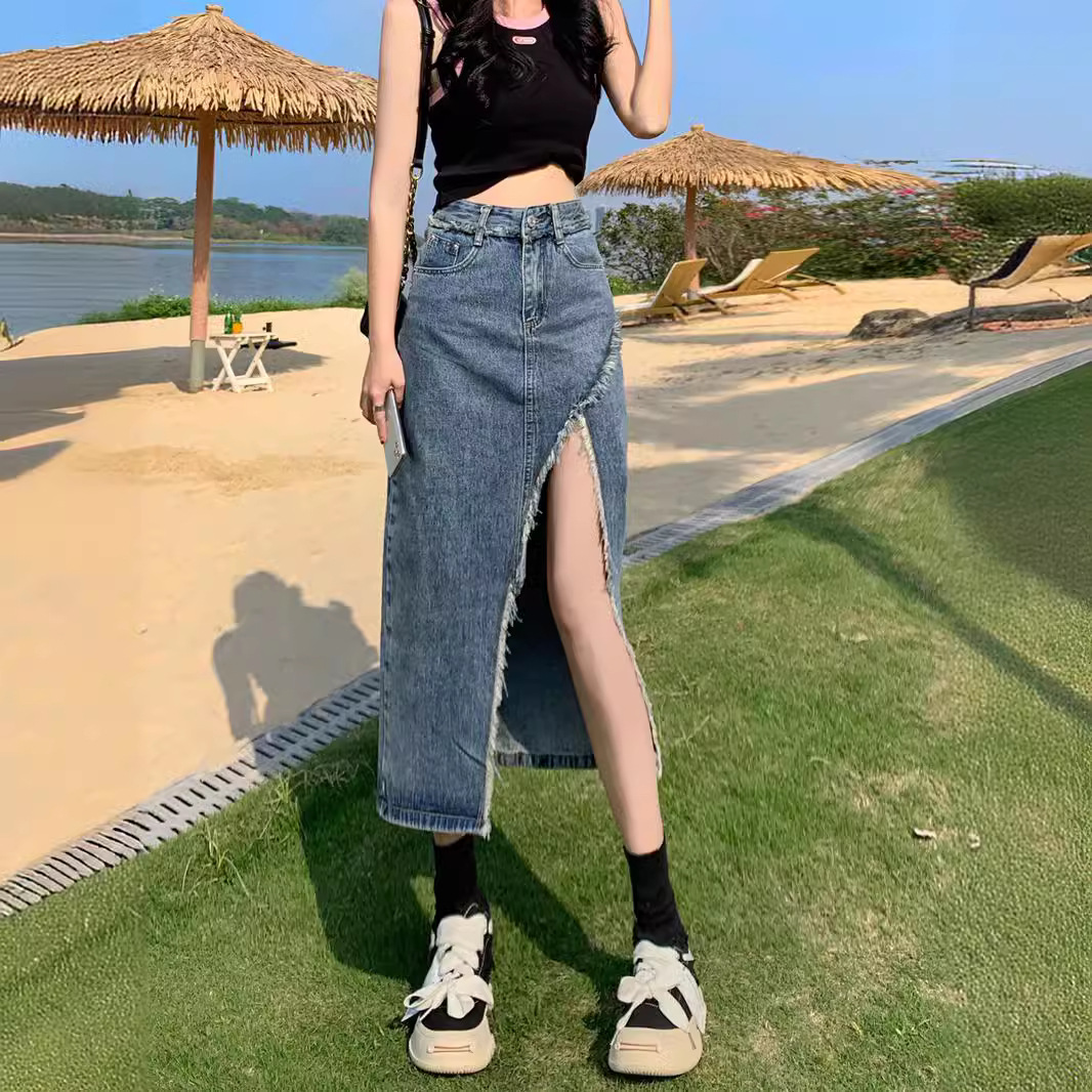 Summer High Waist Split Denim Skirt Women's Design Niche 2024 New Retro A- line Hip Mid-length Skirt